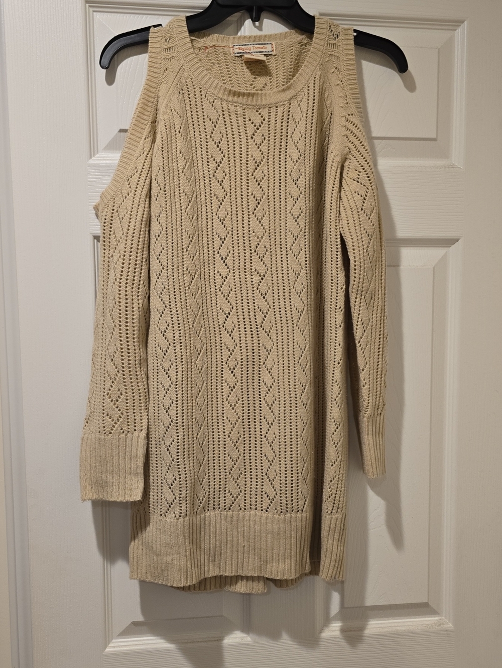 Flying Tomato Beige Open-Knit Cold-Shoulder Sweater
